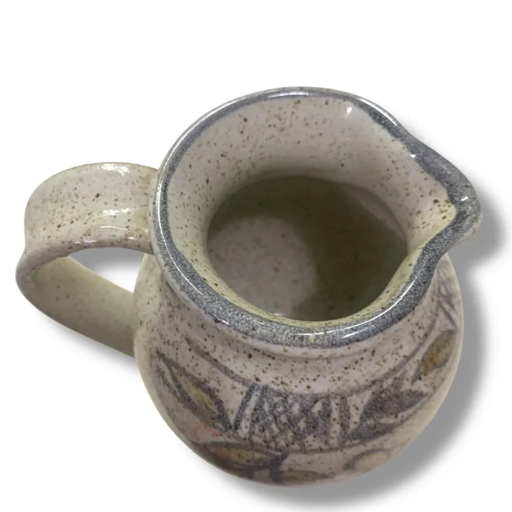 Studio Pottery VTG Mini Ceramic Pitcher Floral Tan Blue Accents 5’ Artist Signed